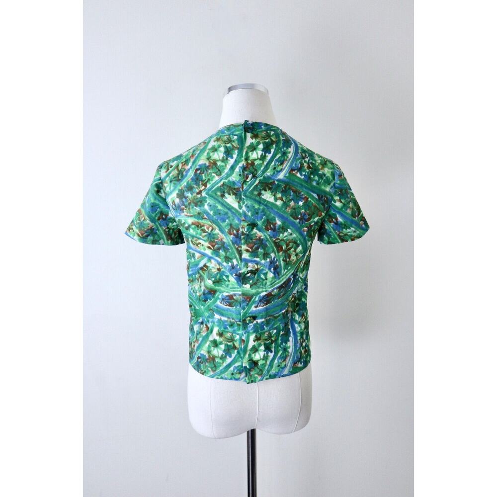 Vintage 1960s Abstract Print Short Sleeve Blouse Button Back Top Poly Crepe - Picture 8 of 10